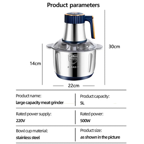 5 Litre 5 Blades Electric Food Chopper Meat Mincer 5 Speeds