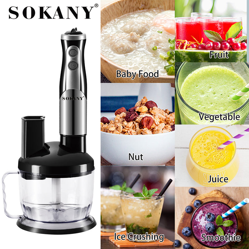 SOKANY SK-5011-8 700W Electric Hand Blender, 2-Speed, 8 in 1: [Hand Blender, Egg Whisk, Meat Chopper, Shredding Blade, Cutting Blade, Blade Holder, Chopper Bowl with Lid, Measuring Cup]
