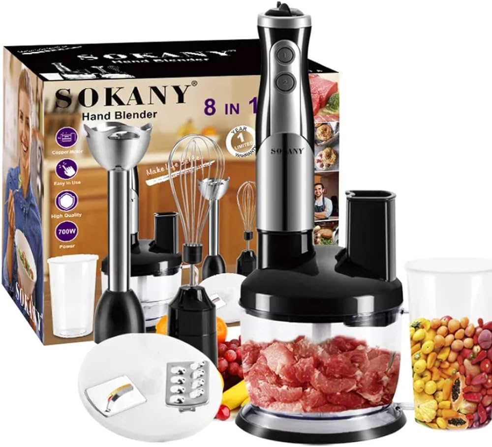 SOKANY SK-5011-8 700W Electric Hand Blender, 2-Speed, 8 in 1: [Hand Blender, Egg Whisk, Meat Chopper, Shredding Blade, Cutting Blade, Blade Holder, Chopper Bowl with Lid, Measuring Cup]