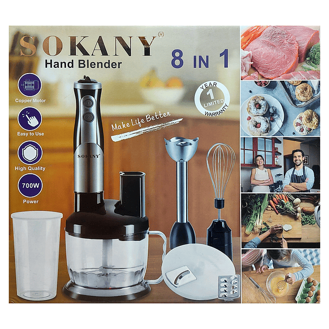 SOKANY SK-5011-8 700W Electric Hand Blender, 2-Speed, 8 in 1: [Hand Blender, Egg Whisk, Meat Chopper, Shredding Blade, Cutting Blade, Blade Holder, Chopper Bowl with Lid, Measuring Cup]