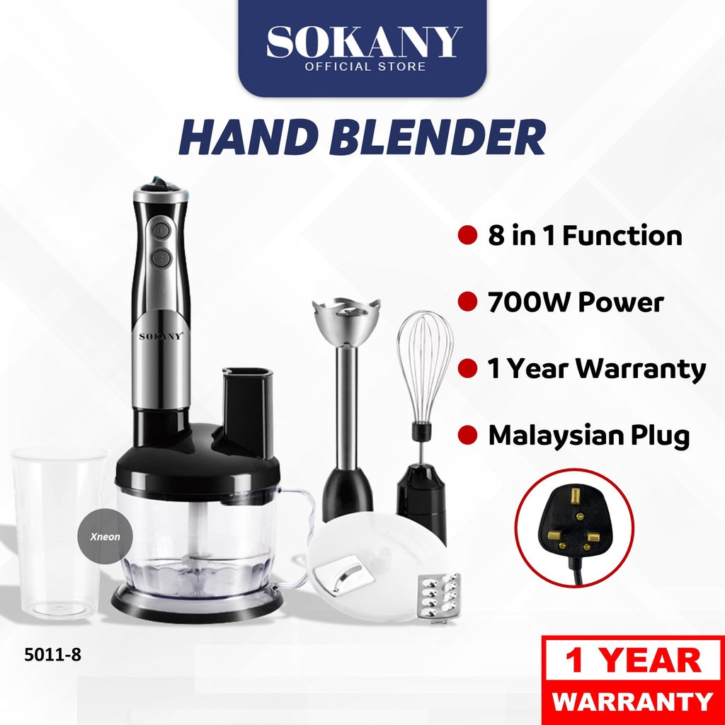 SOKANY SK-5011-8 700W Electric Hand Blender, 2-Speed, 8 in 1: [Hand Blender, Egg Whisk, Meat Chopper, Shredding Blade, Cutting Blade, Blade Holder, Chopper Bowl with Lid, Measuring Cup]
