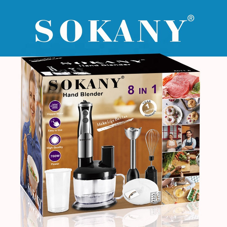 SOKANY SK-5011-8 700W Electric Hand Blender, 2-Speed, 8 in 1: [Hand Blender, Egg Whisk, Meat Chopper, Shredding Blade, Cutting Blade, Blade Holder, Chopper Bowl with Lid, Measuring Cup]
