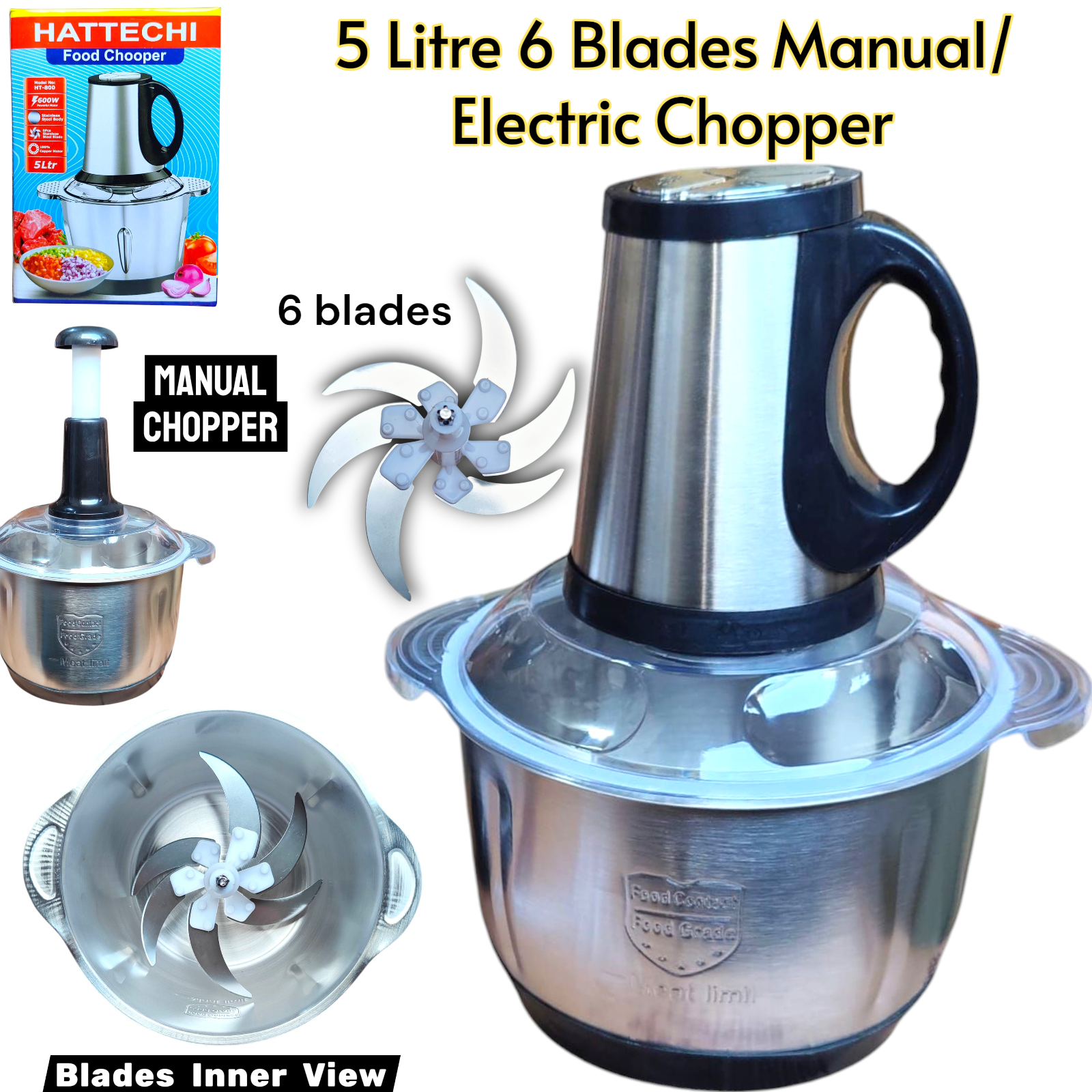 5 Litre 6 Blades Electric Food Chopper Meat Mincer 3 Speeds