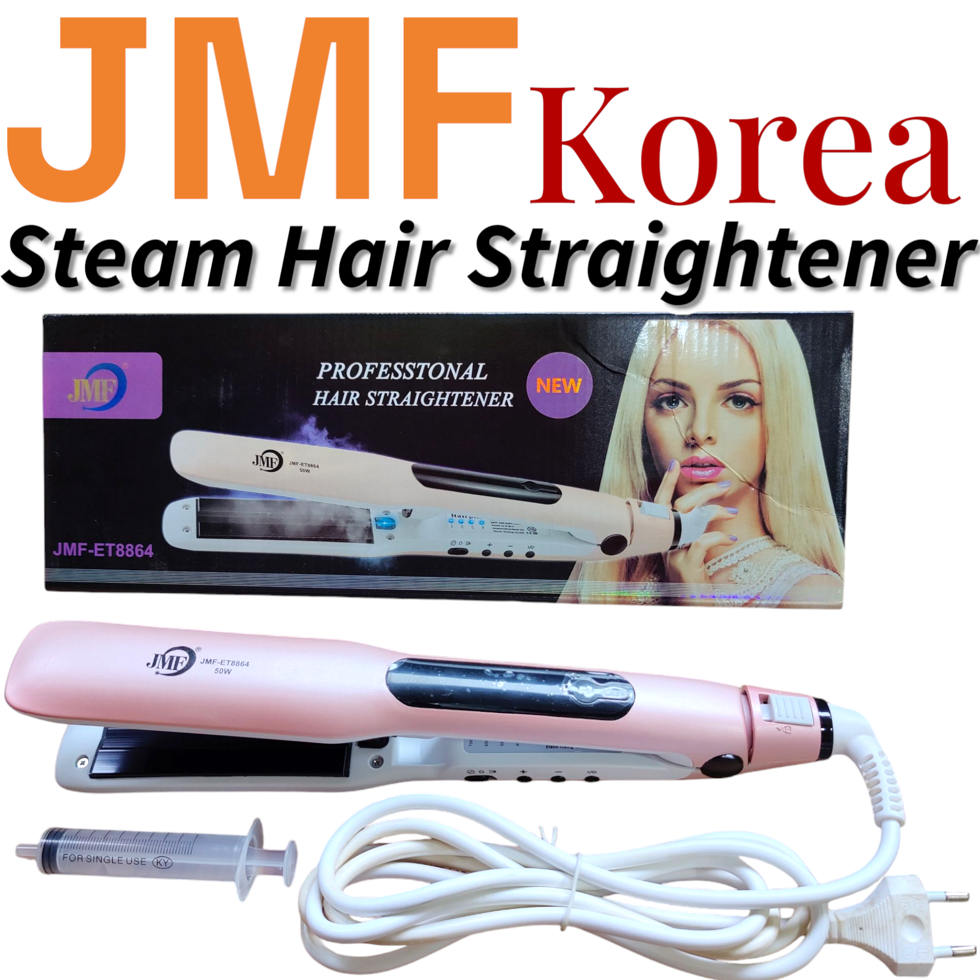 JMF Korea Professional Steam Hair Straightener (JMF-ET8864) – 2-in-1 Flat Iron & Steamer for Salon-Quality Hair Straightening & Styling – Ceramic Plates, Adjustable Temperature, Ionic Frizz Control