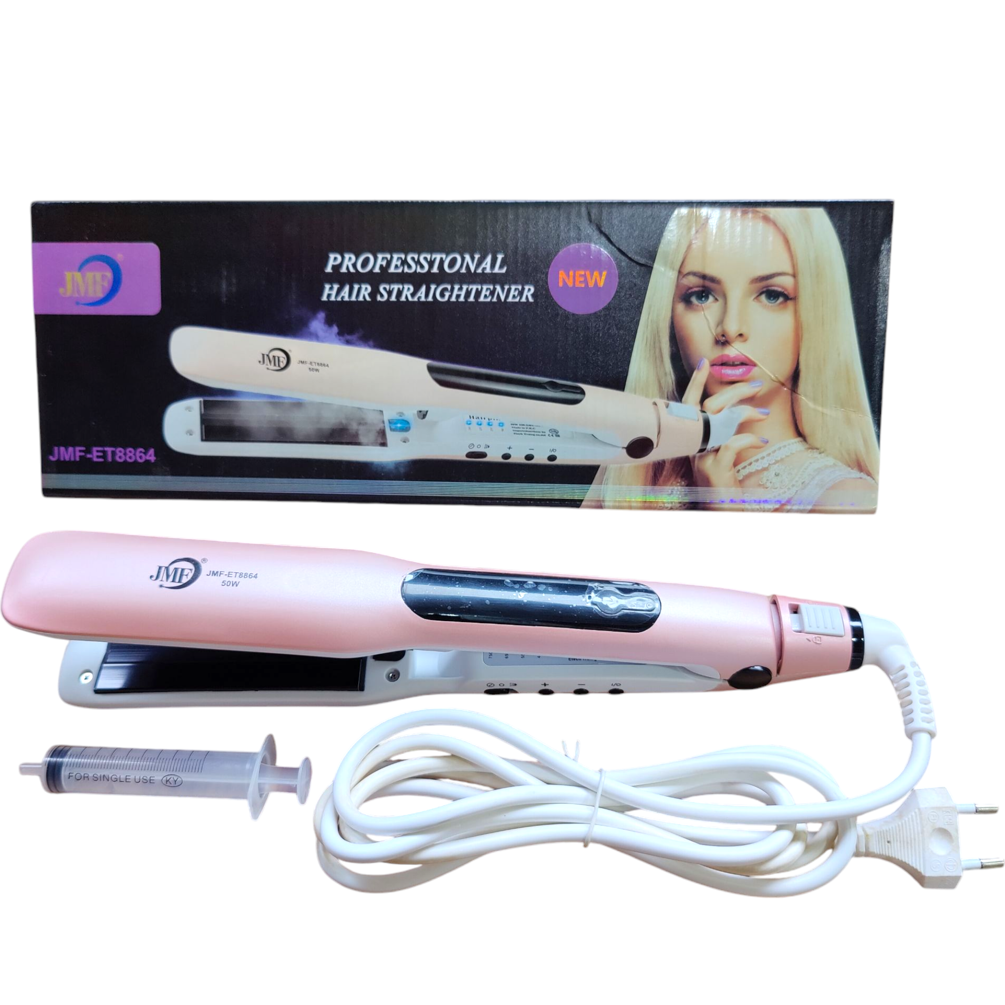 JMF Korea Professional Steam Hair Straightener (JMF-ET8864) – 2-in-1 Flat Iron & Steamer for Salon-Quality Hair Straightening & Styling – Ceramic Plates, Adjustable Temperature, Ionic Frizz Control