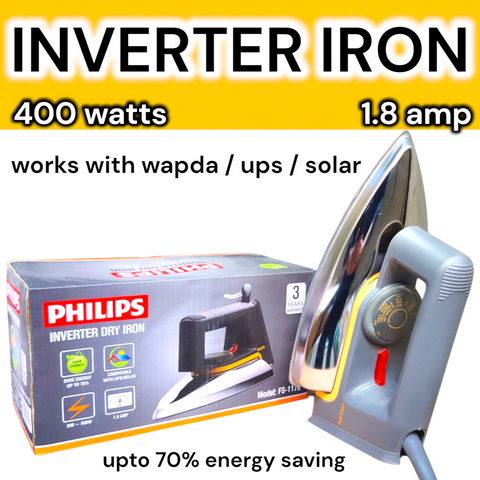 Electric INVERTER IRON 400 watts 1.8 amp Lightweight Dry Iron upto 70% energy saving compatible with wapda solar ups 3 years element warranty
